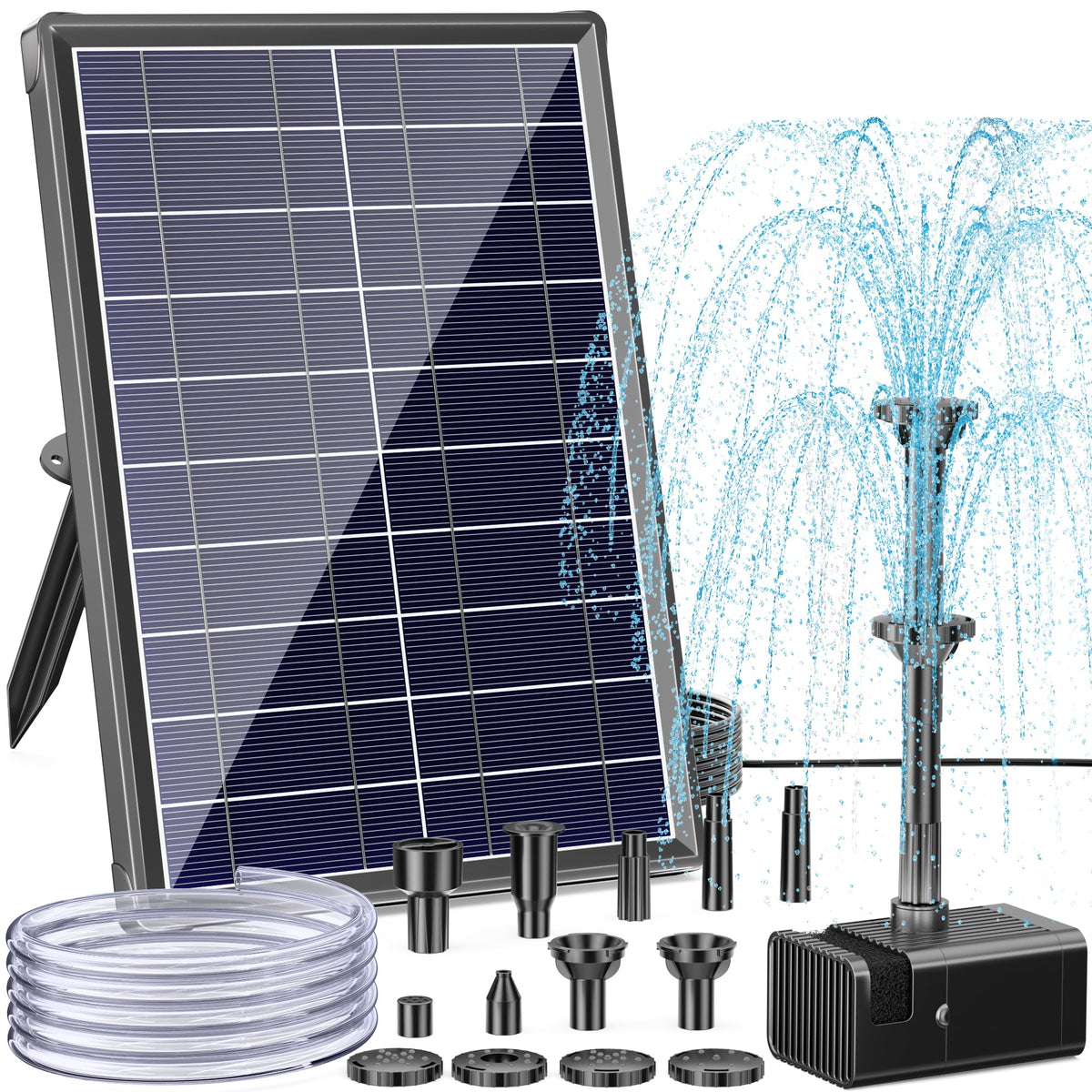 Antfraer solar fountain pump with 8W panel powering a bird bath in sunny gardens.