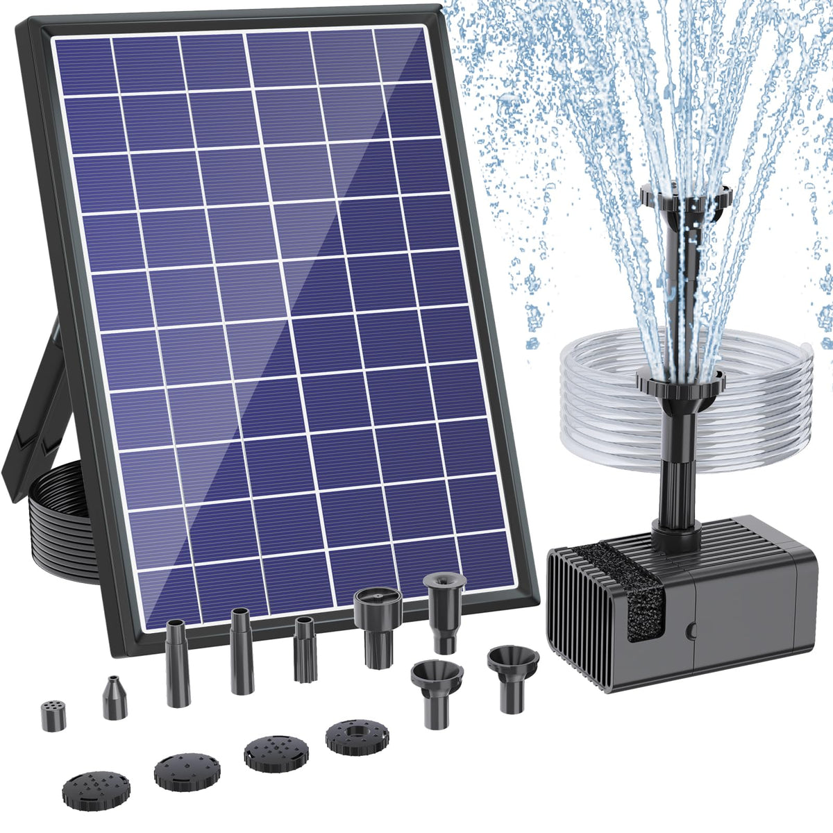 Antfraer solar panel and fountain pump deliver a steady fountain in sunny conditions.