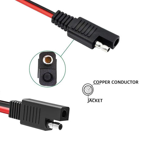 Close-up of 2-pin SAE connectors showing quick disconnect capability