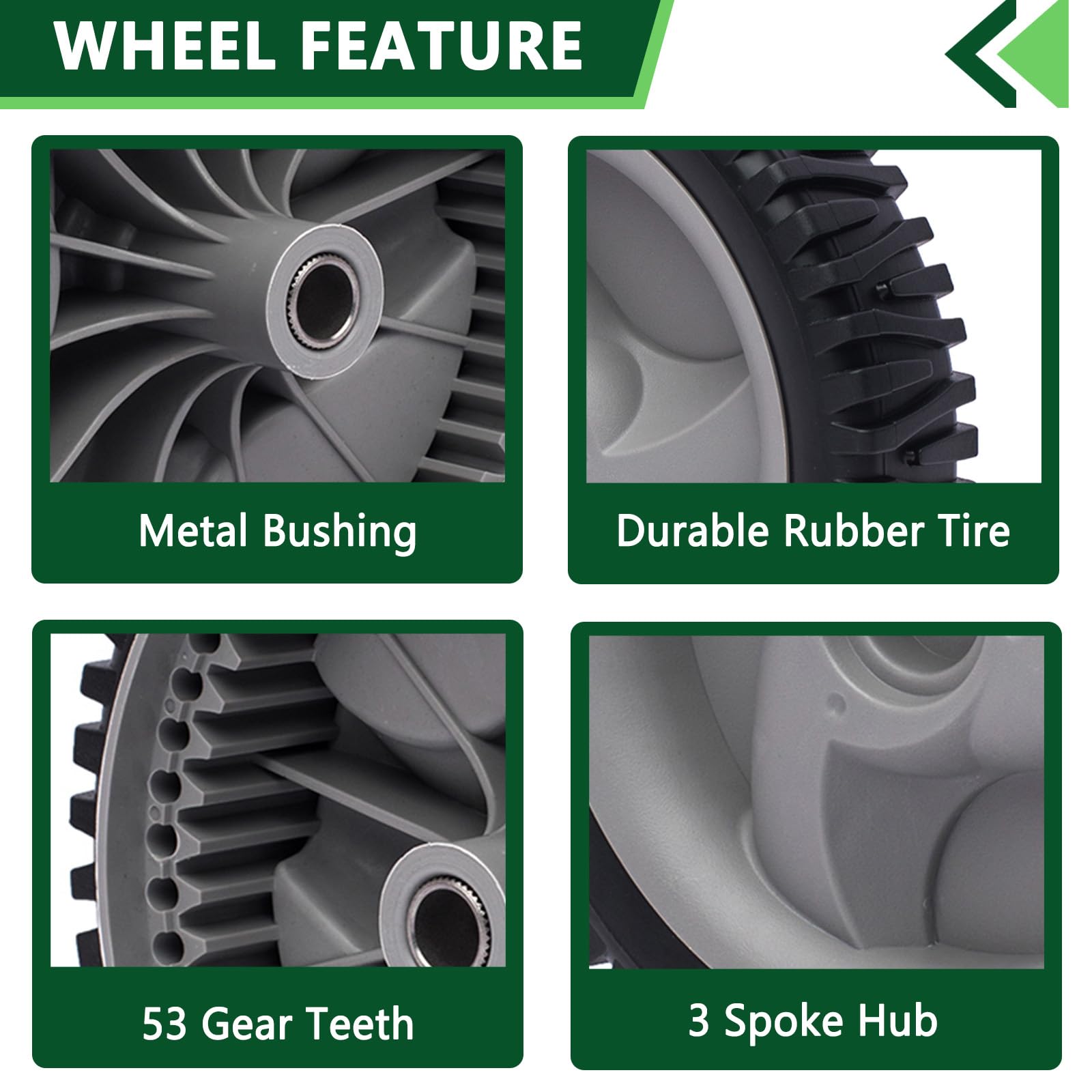 AntiyL mower front drive wheels close-up on outer rim for rugged daily use.