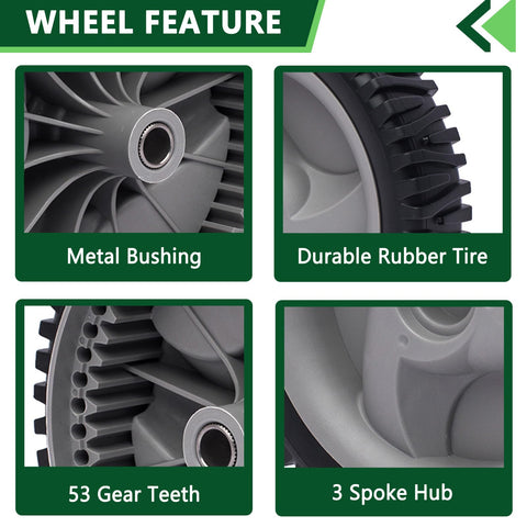AntiyL mower front drive wheels close-up on outer rim for rugged daily use.