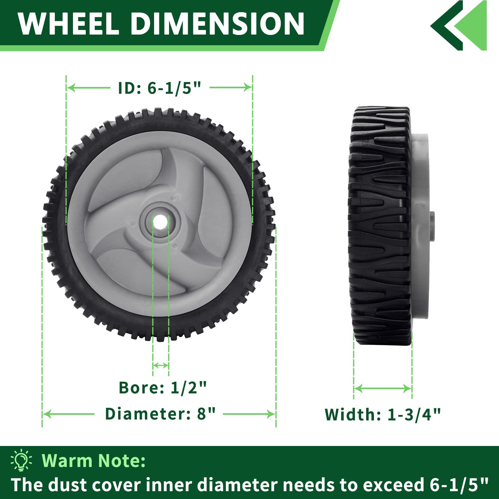 AntiyL mower front drive wheels side view highlighting stable replacement use.