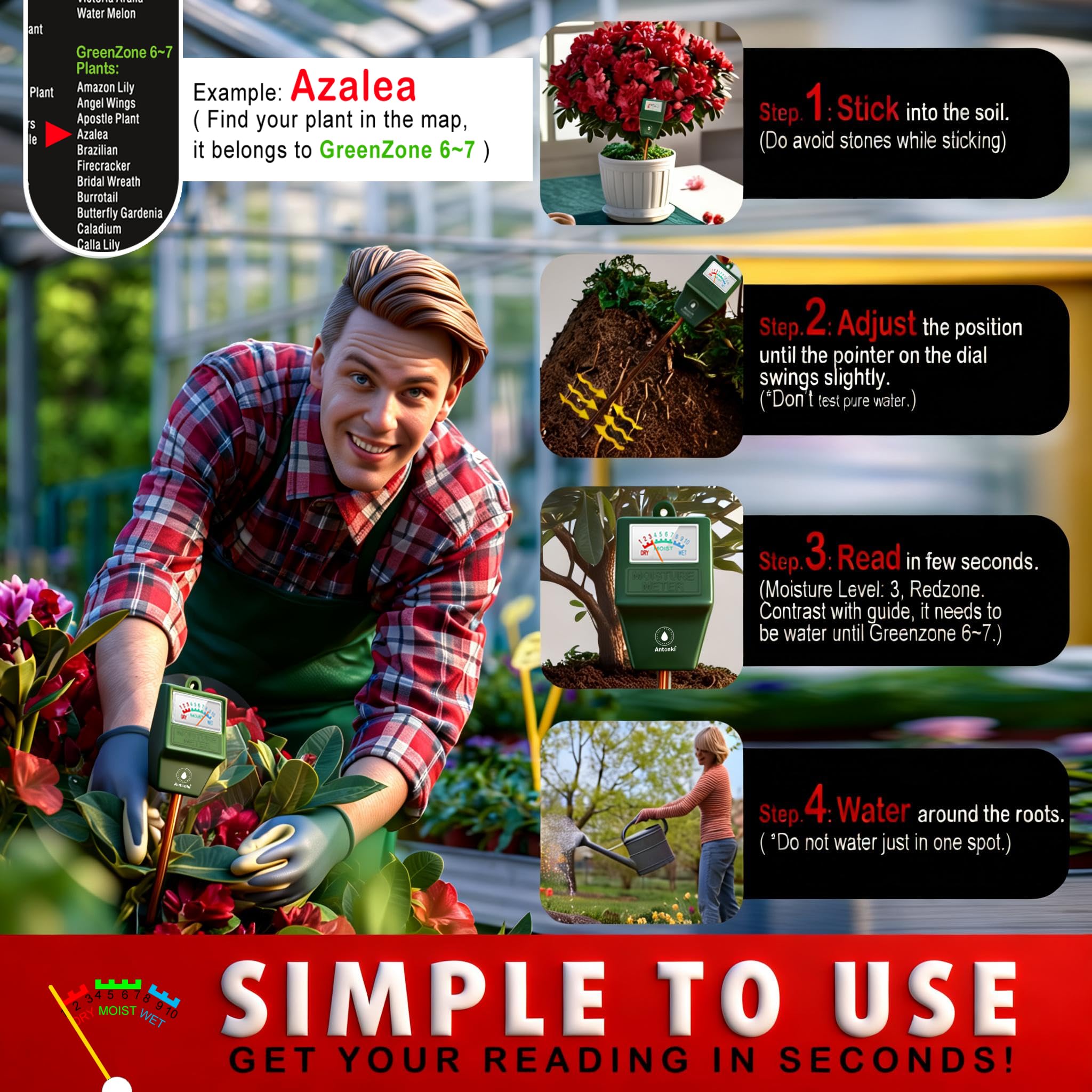 Antonki moisture readout indicator shows dry, moist, and wet soil cues.