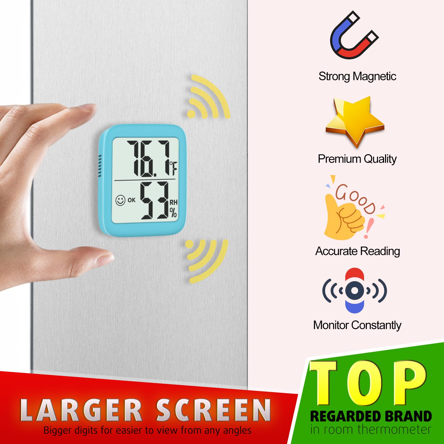 Antonki thermometer digital readout with large LCD for easy readings from any angle.