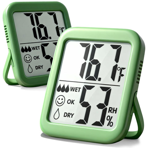 Antonki two-pack room thermometer with real-time readings on a shelf.