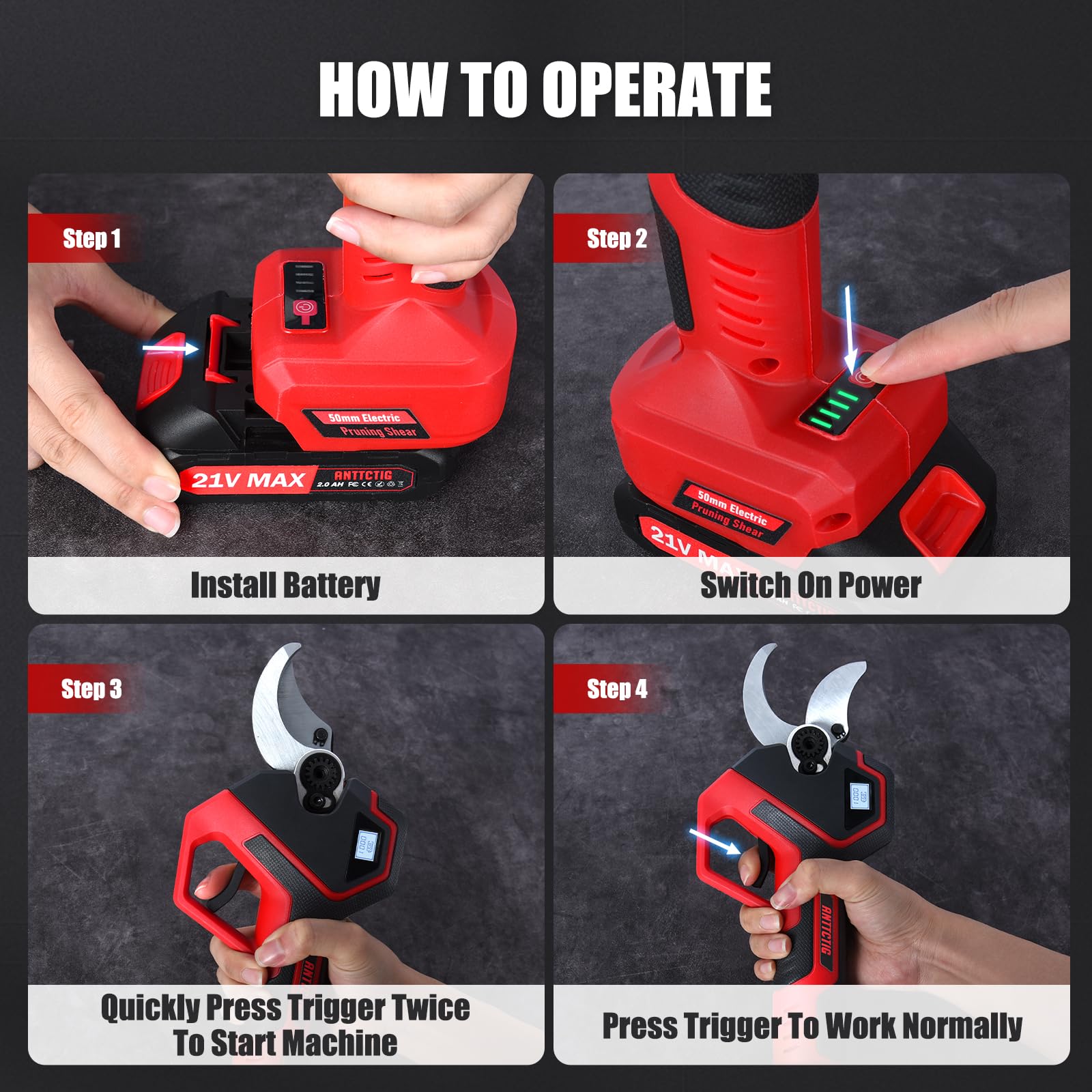 Anttctig cordless pruning tool handles thick stems confidently.