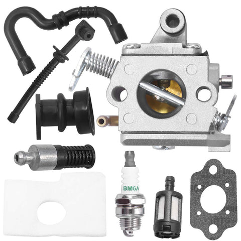Anxingo MS170 carburetor main view highlights quick compatibility with Stihl saws.
