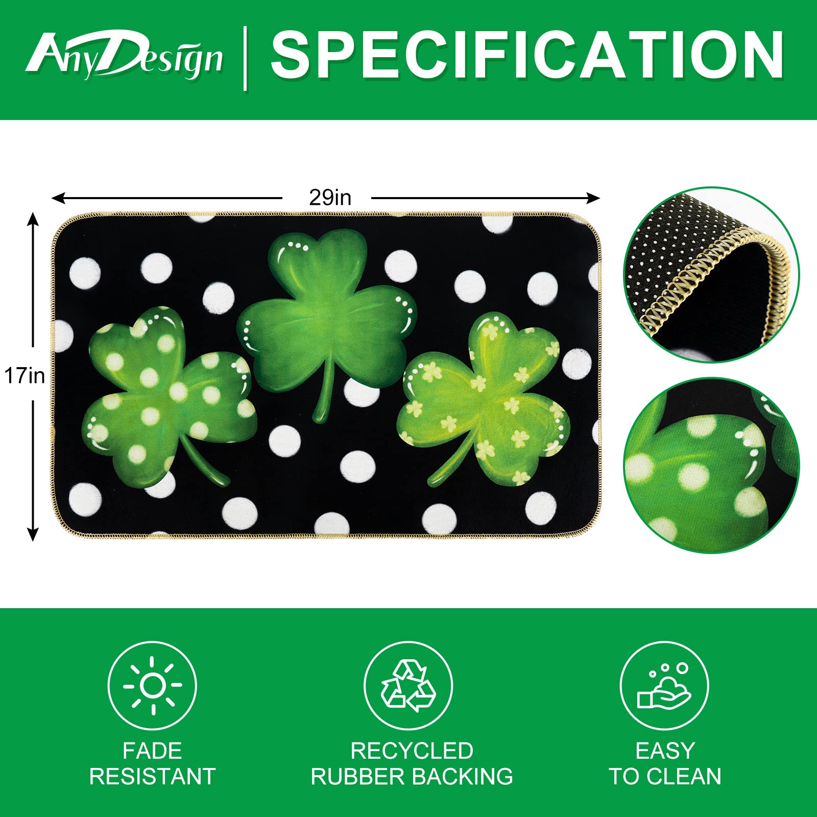 AnyDesign green shamrocks and white polka dots on black background for stylish, inviting entry.