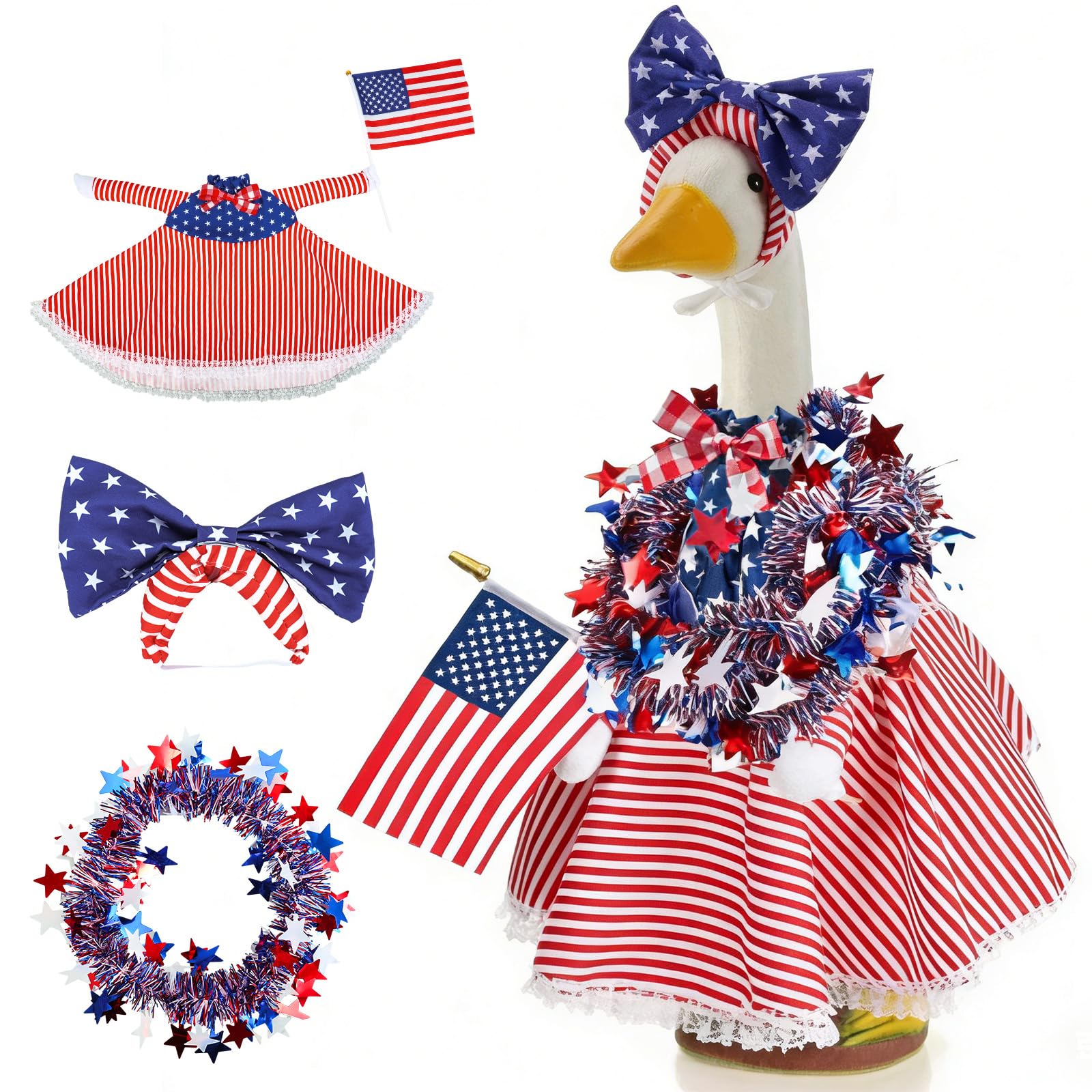 AnyDesign patriotic goose bow adds festive color to the lawn statue for Independence Day.