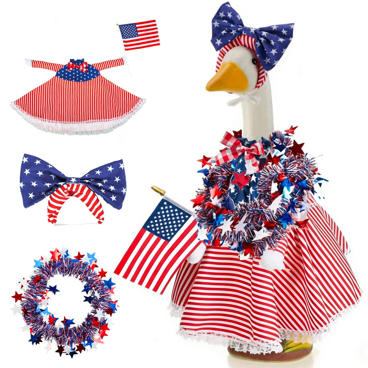 AnyDesign patriotic goose bow adds festive color to the lawn statue for Independence Day.