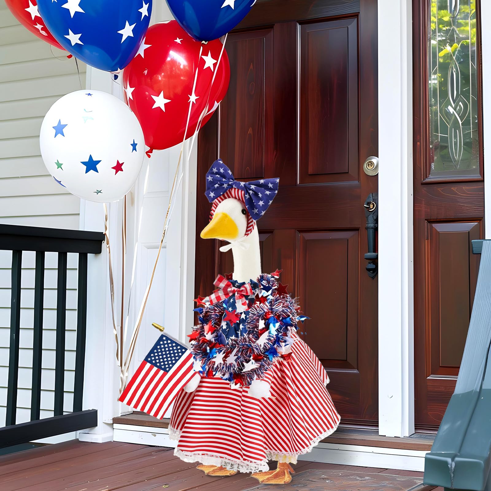 AnyDesign porch goose decor elevates curb appeal with patriotic flair.