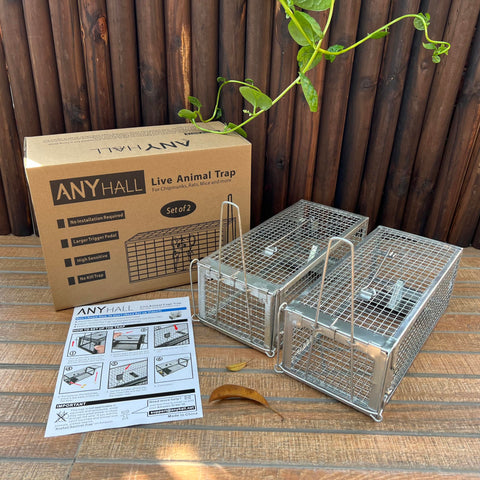 Anyhall live-trap with clear release guidance for safe, distant rehoming.