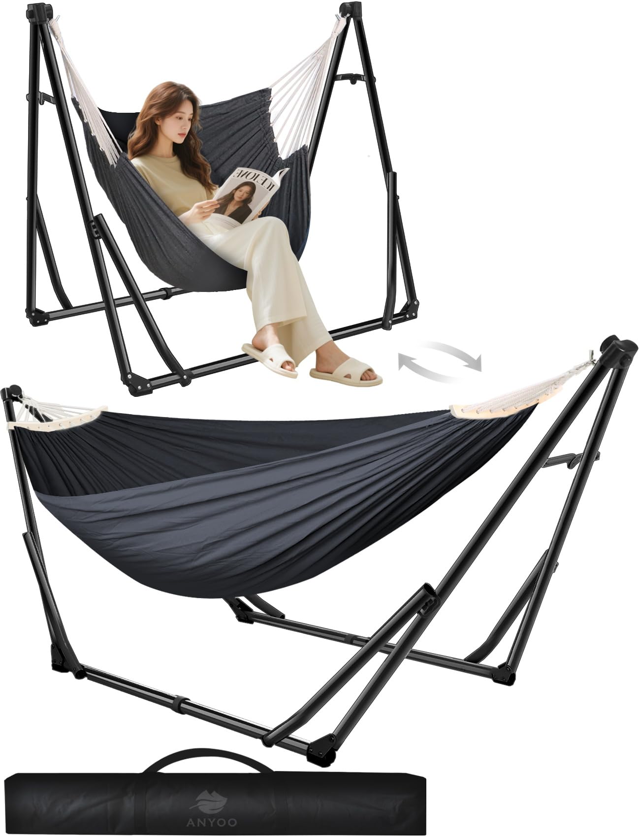 ANYOO 2-in-1 hammock stand in a garden, showing versatile setup for lounging or chair use outdoors.
