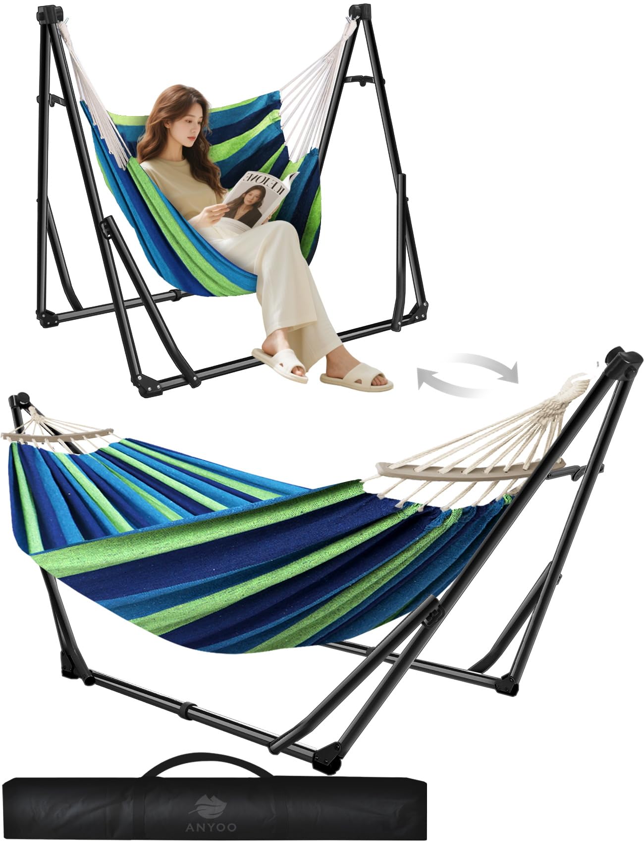 Anyoo 2in1 hammock and chair stand ready for quick outdoor assembly.