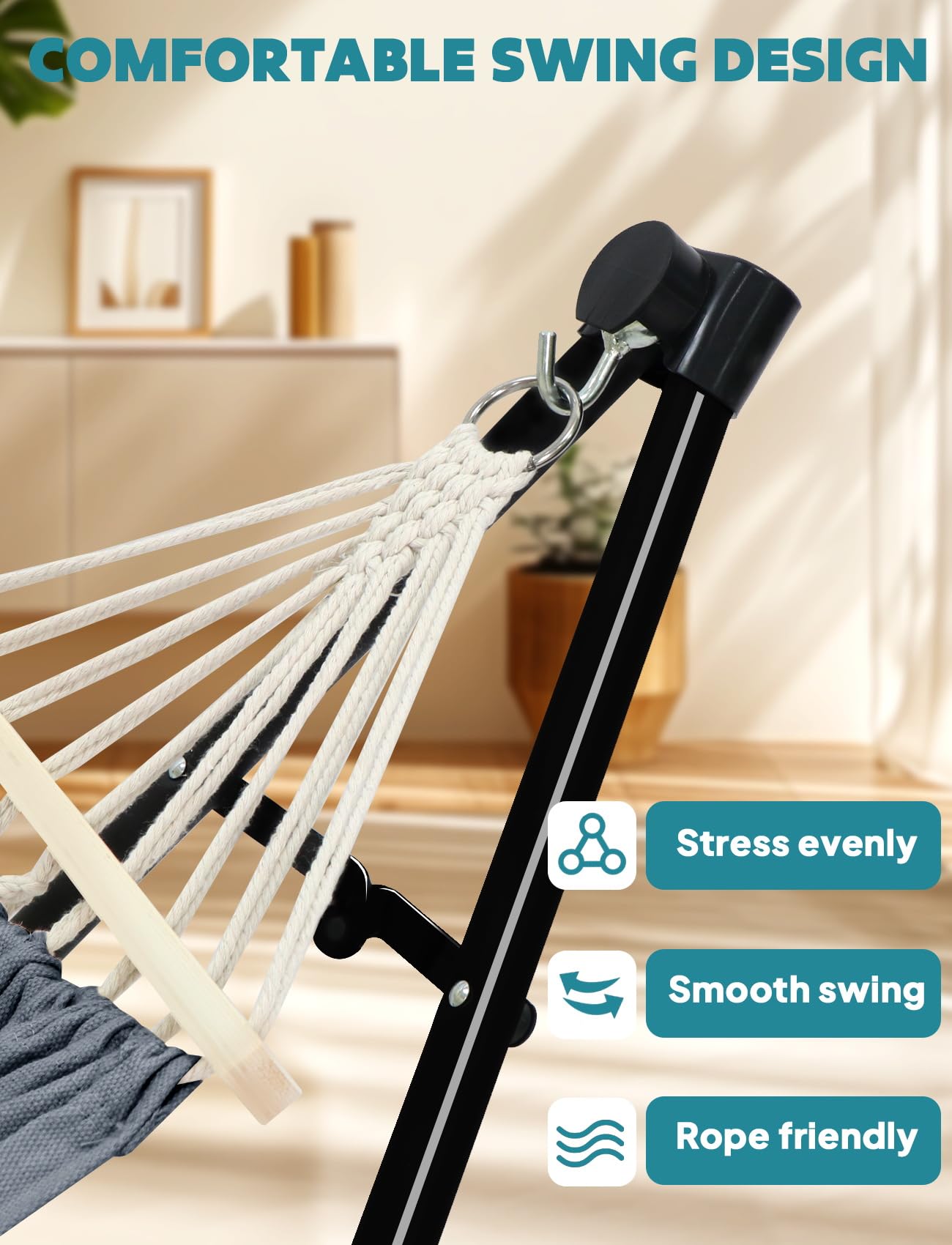 ANYOO adjustable hammock height hooks allowing custom seating height.