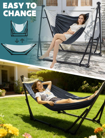 ANYOO collapsible hammock stand with carrying case ready for easy transport on trips.