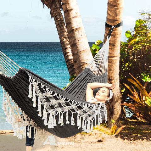 Anyoo cotton hammock supports up to 450 pounds for reliable lounging.
