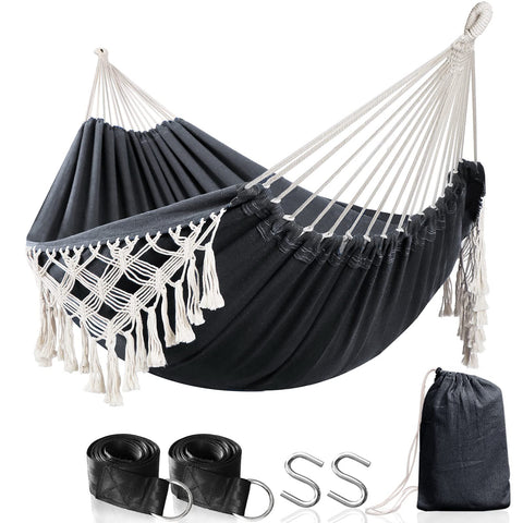 Anyoo cotton hammock bed measures 7ft by 5ft for outdoor lounging.