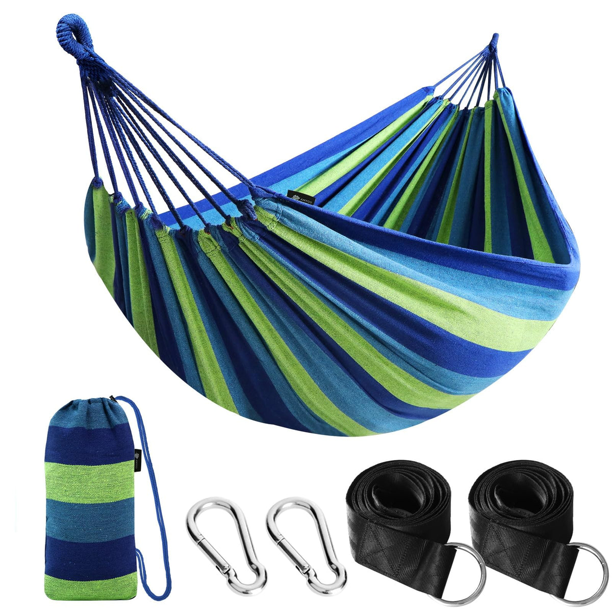 ANYOO cotton hammock for outdoor use with easy setup and relaxing comfort.