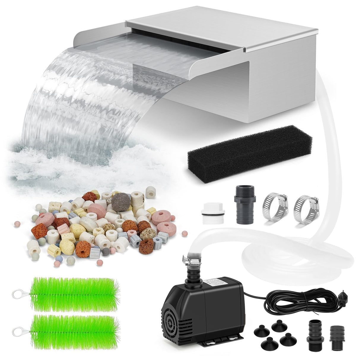 Anyprime pond waterfall box assembly shows durable stainless steel for outdoor use.