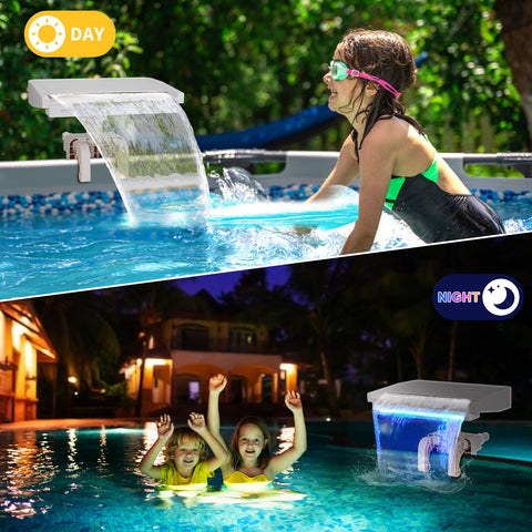 Aobiono LED-lit pool fountain glow enhances nighttime pool enjoyment.