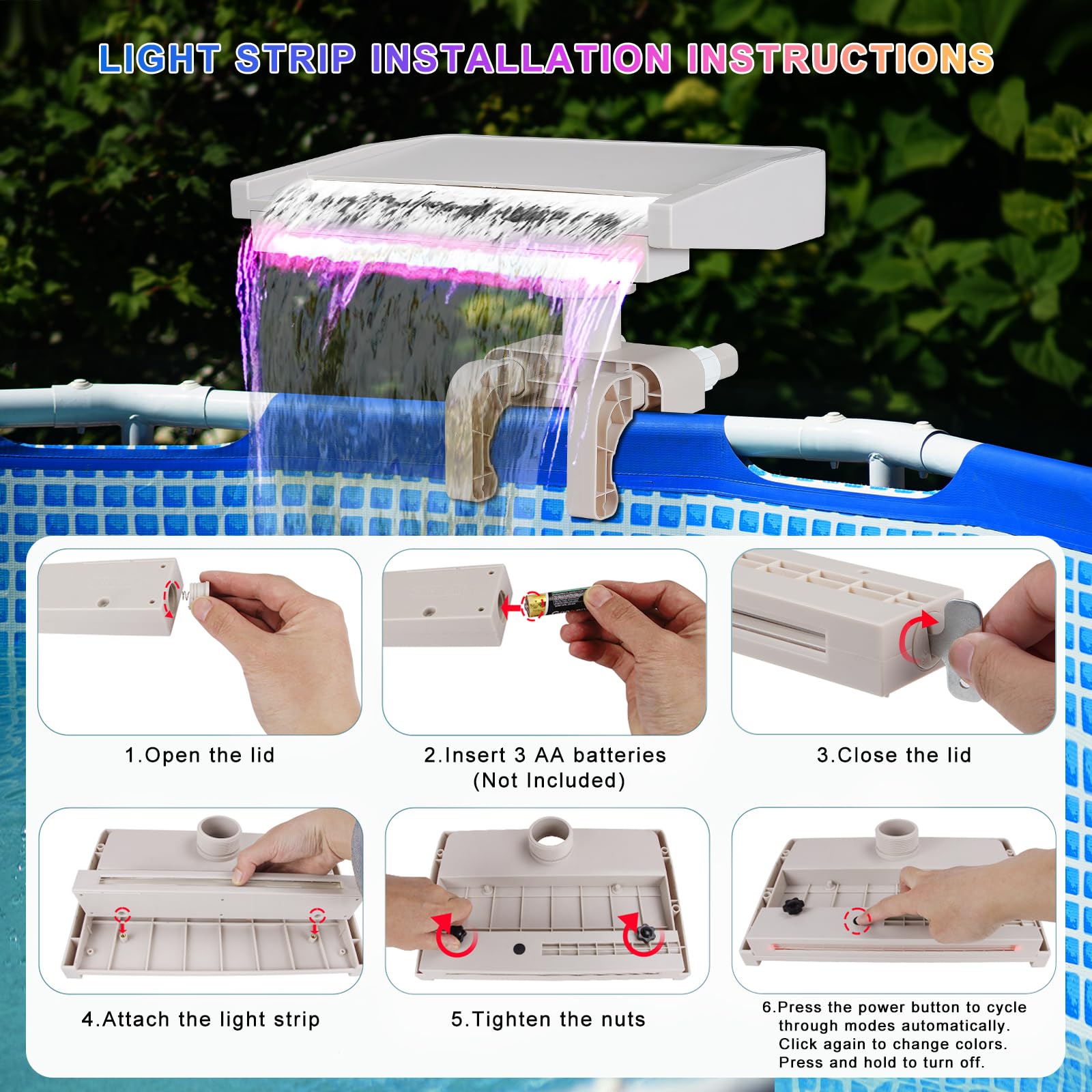 Aobiono pool fountain edge compatibility demonstrates secure fit across frame types.