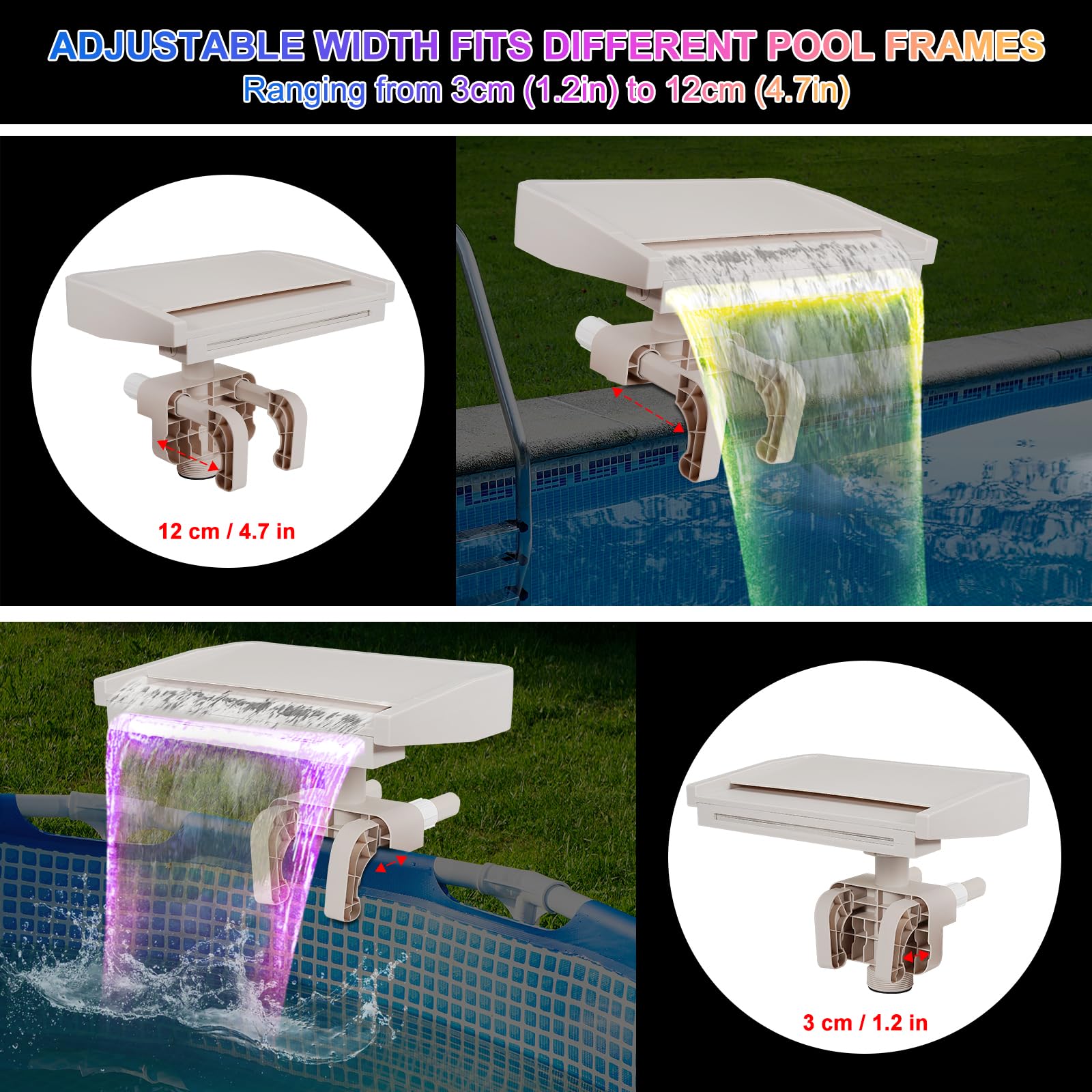 Aobiono pool fountain hose connection detail shows adapter compatibility.
