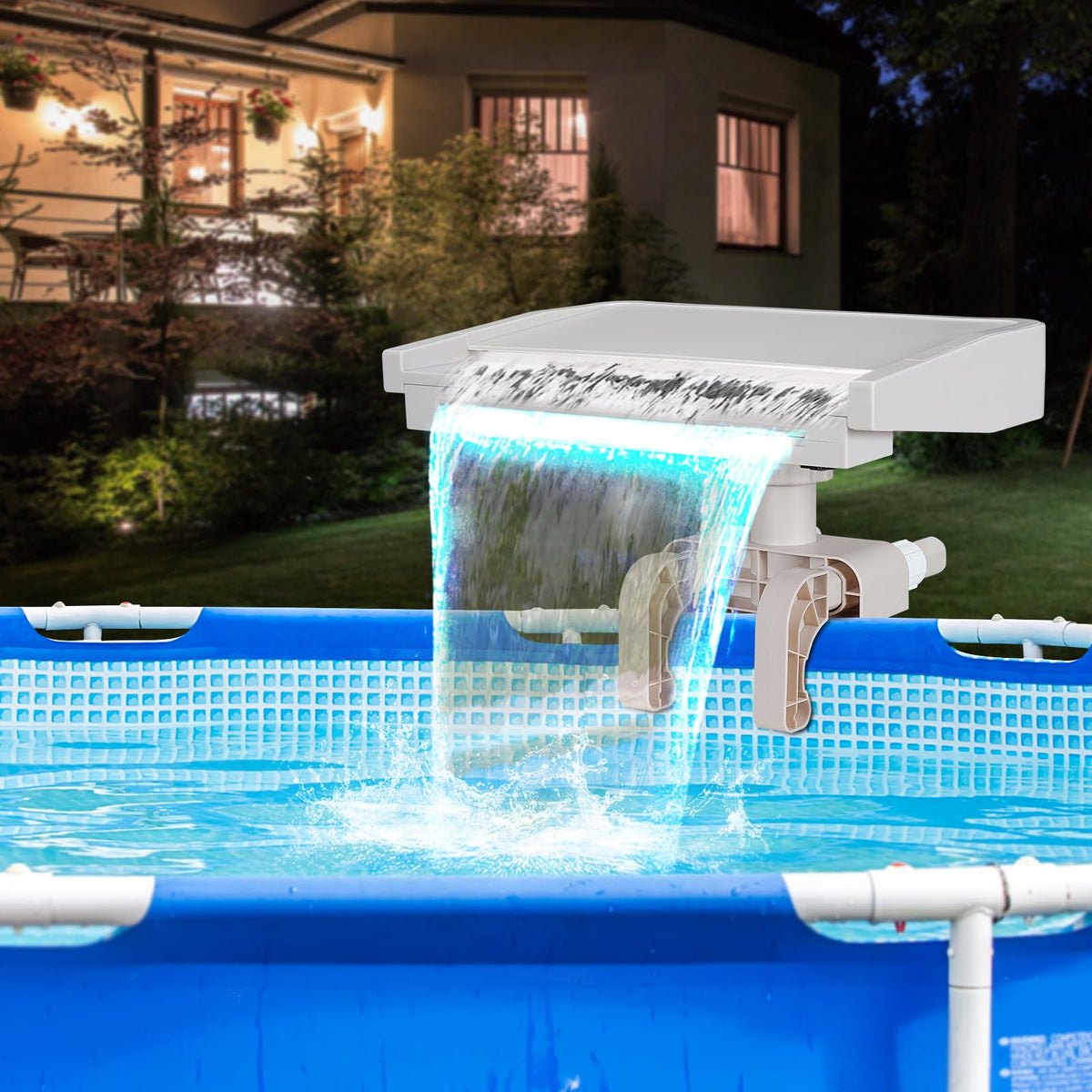 Aobiono pool fountain waterfall assembly demonstrates easy setup and secure edge fit.