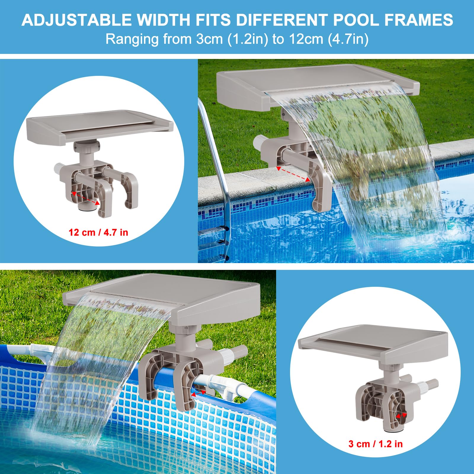 Aobiono waterfall attachment shows adjustable width for snug fit on pool frames.
