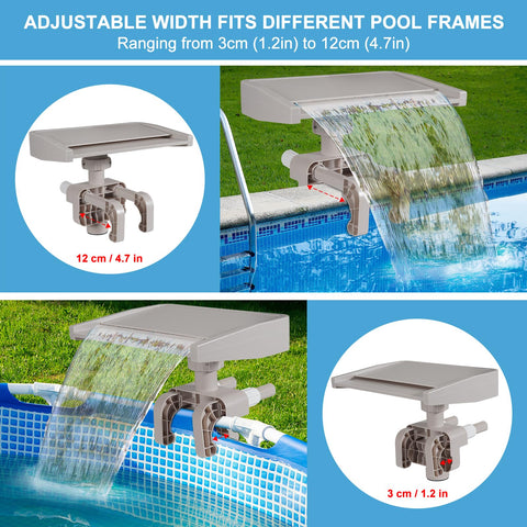 Aobiono waterfall attachment shows adjustable width for snug fit on pool frames.