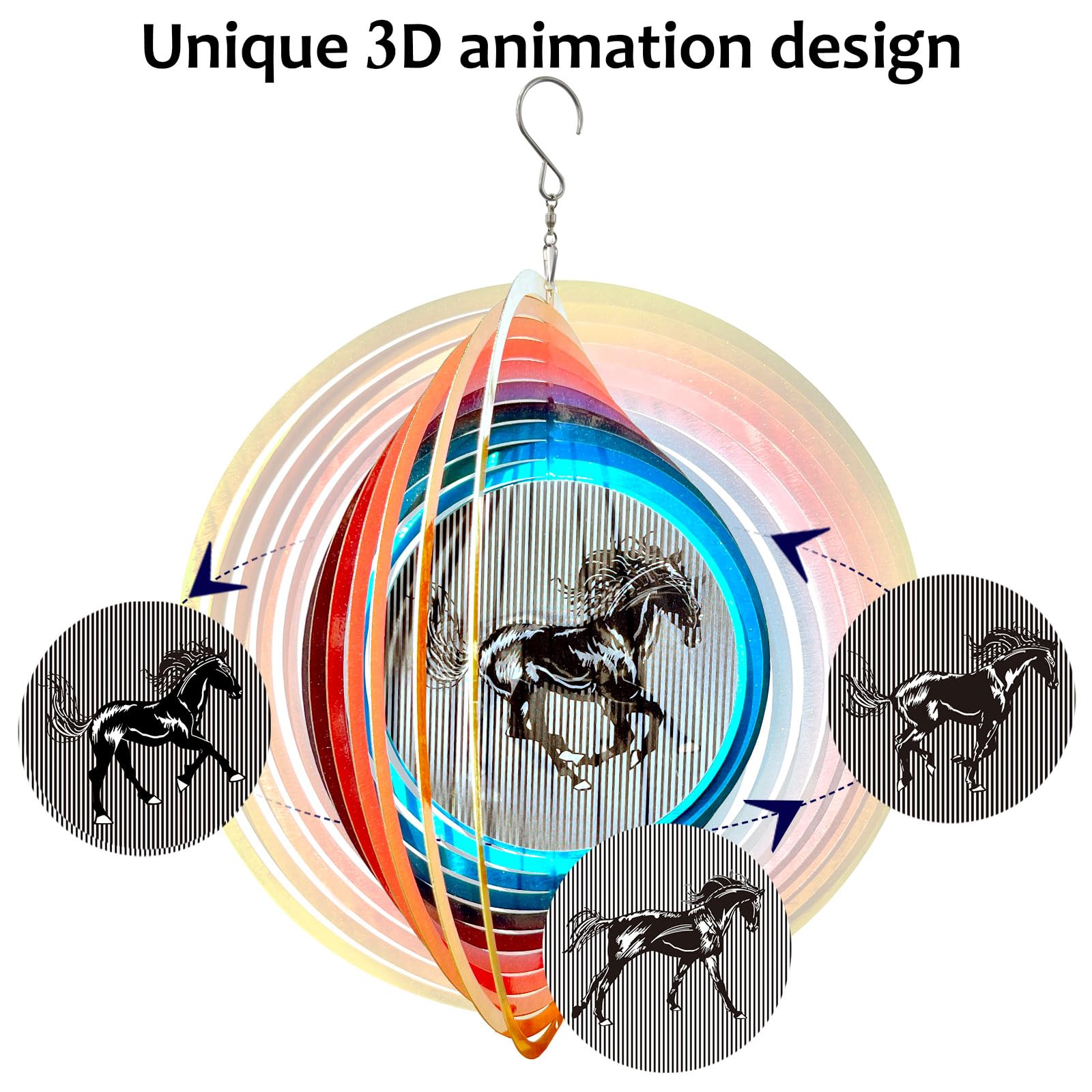 Aoedelyart metal kinetic yard art horse spins outdoors with color and energy.