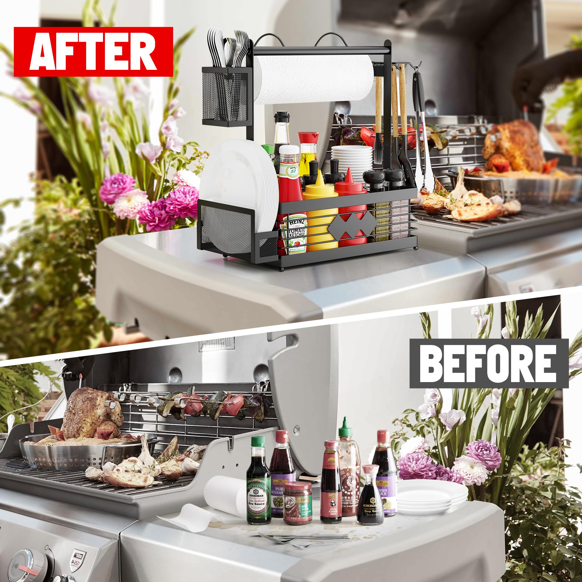 Aofmee Grill Caddy side view highlights hooks and easy access to essentials.