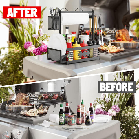 Aofmee Grill Caddy side view highlights hooks and easy access to essentials.