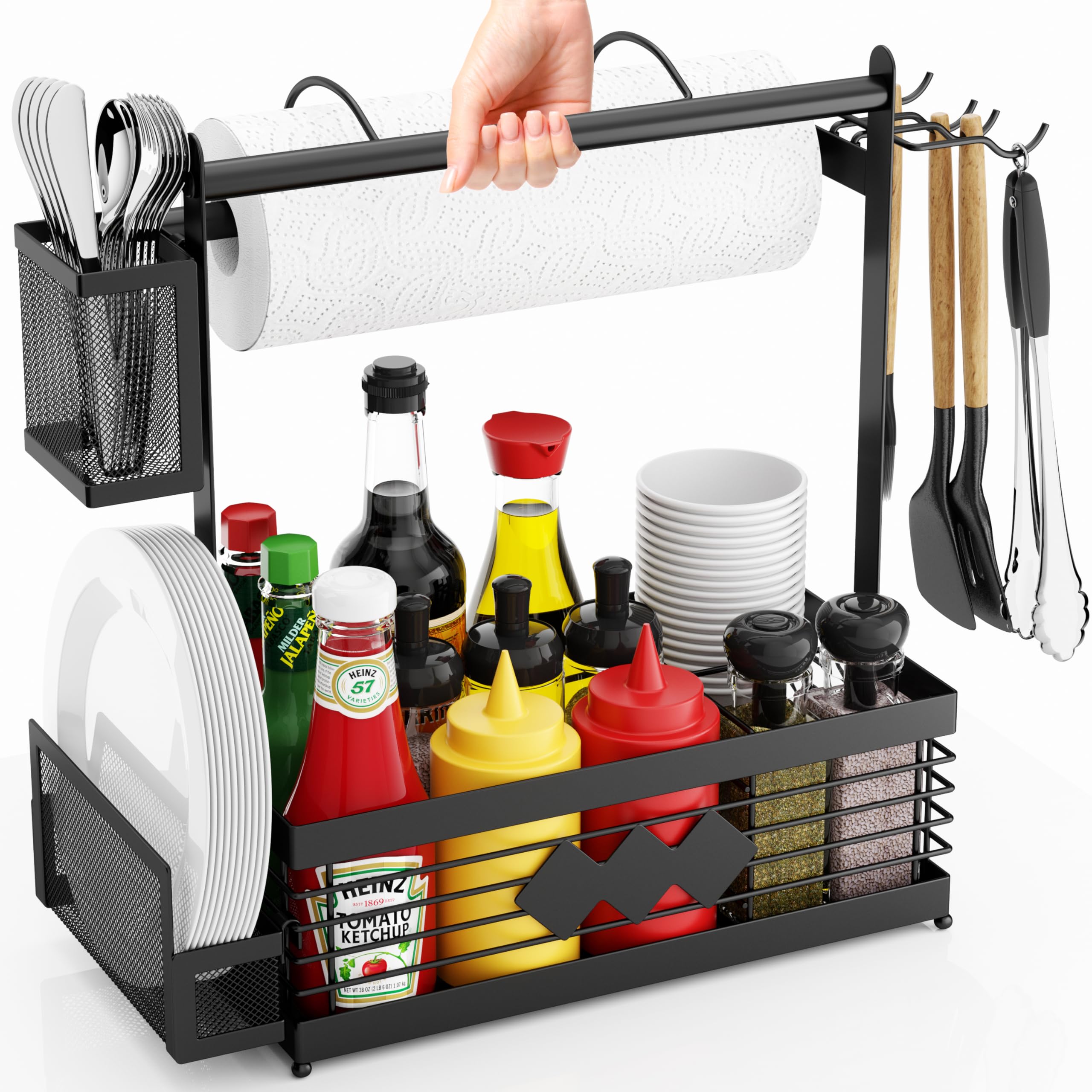 Aofmee Grill Caddy top view shows ample storage and tool hooks.