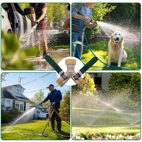 AOGCXDR brass garden hose splitter two outlets enabling simultaneous watering of two hoses.