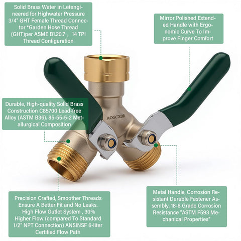 AOGCXDR brass garden hose splitter valve handles extended for easy flow control.