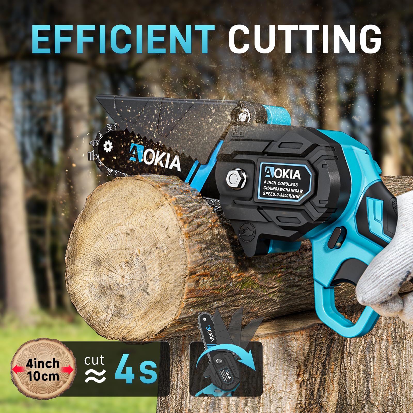 Aokia blue body compact chainsaw ideal for on-the-go pruning.