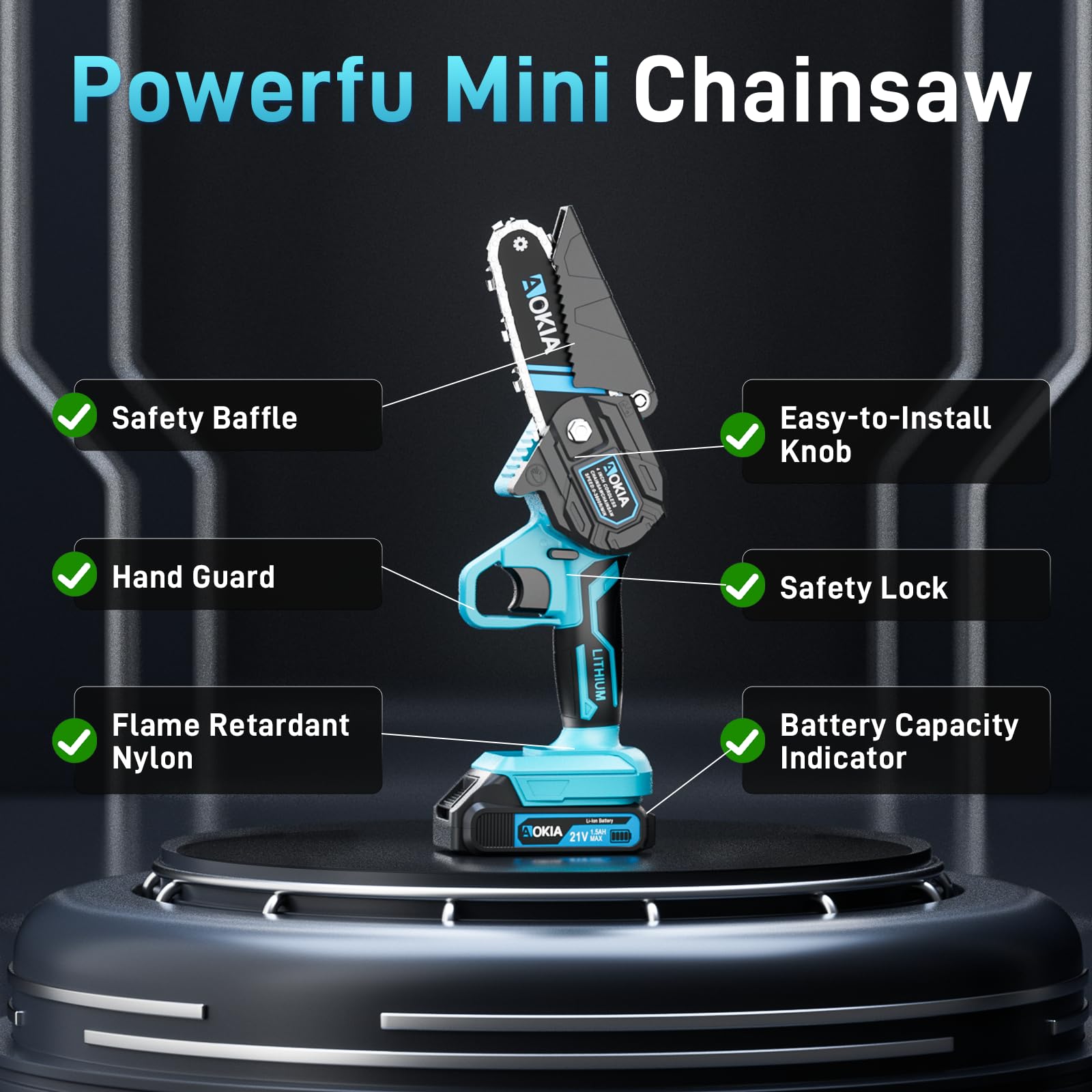 Aokia complete set shown with battery, charger, and extra chains for ready use.