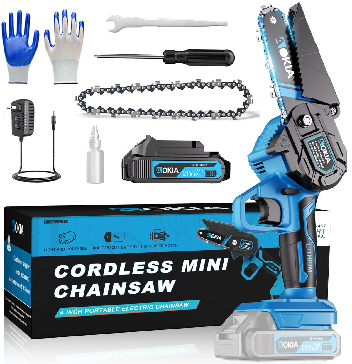 Aokia electric cordless mini chainsaw in blue, compact design for easy handling.