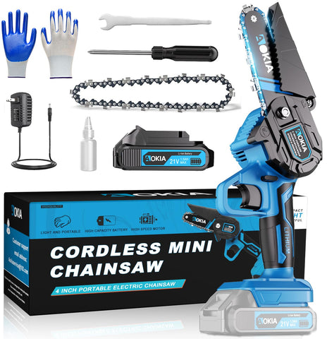 Aokia electric cordless mini chainsaw in blue, compact design for easy handling.