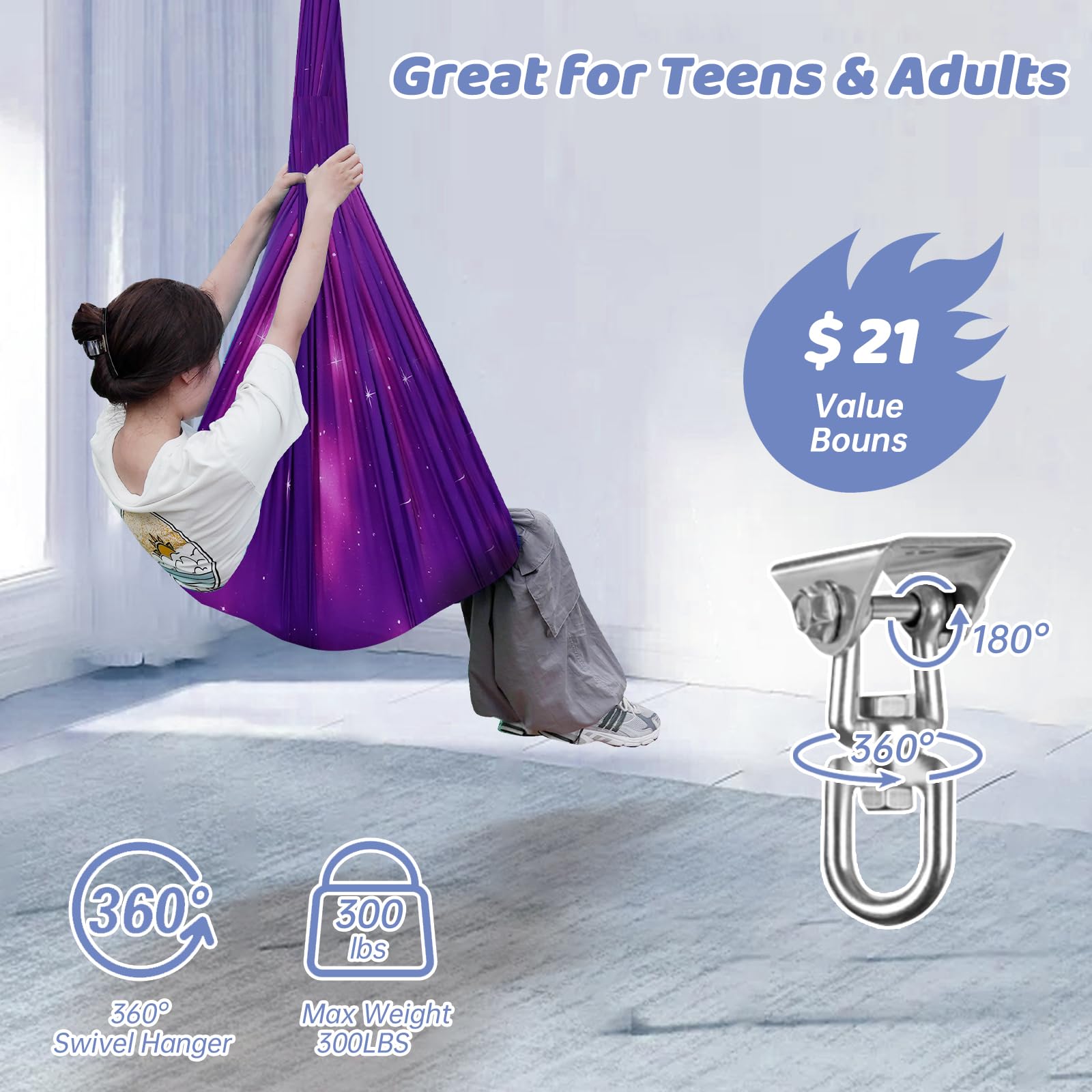 Aokitec sensory swing fabric in soft cotton-polyester for cozy, cocoon-like comfort.