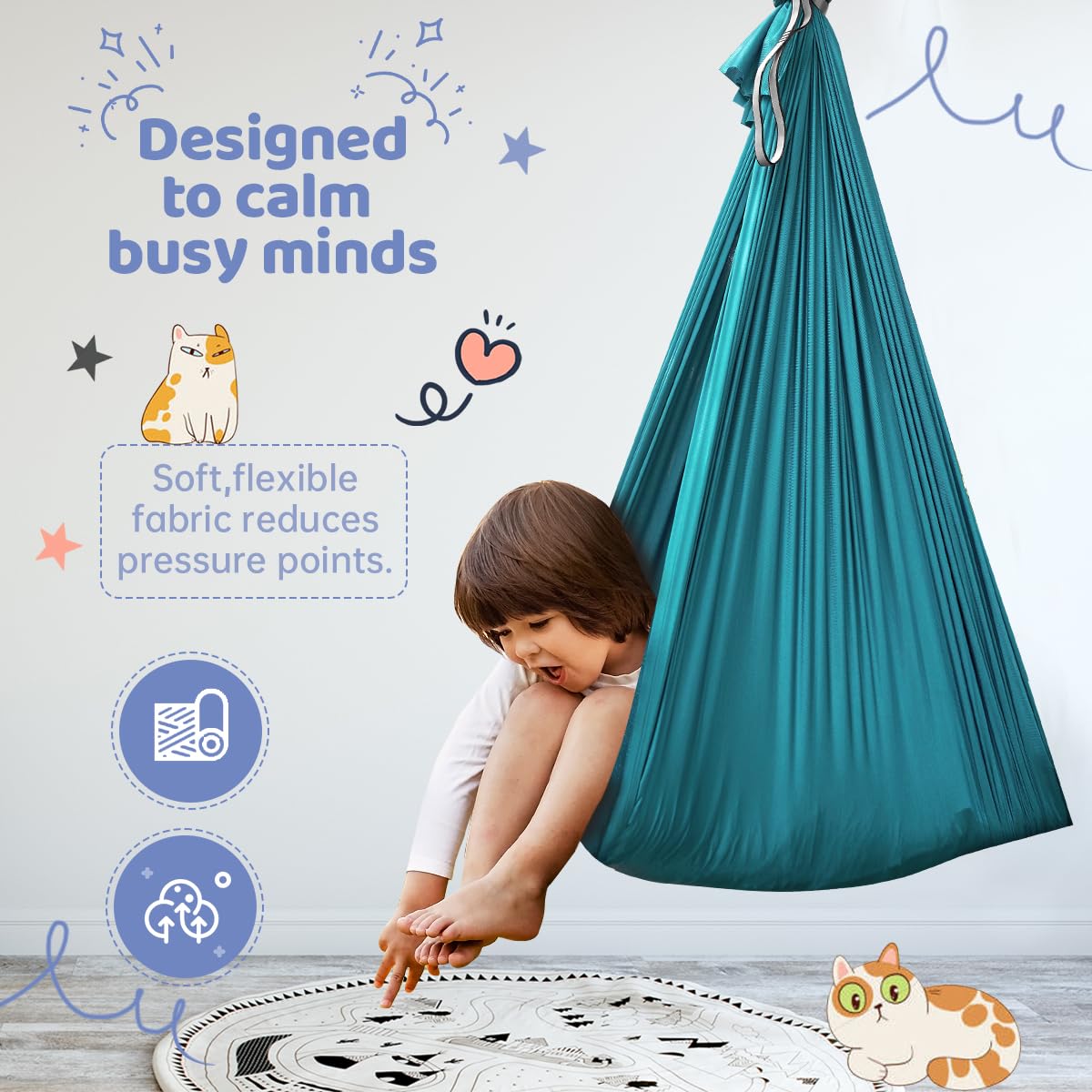 Aokitec Snuggle Swing shows hardware included for quick indoor or outdoor setup.