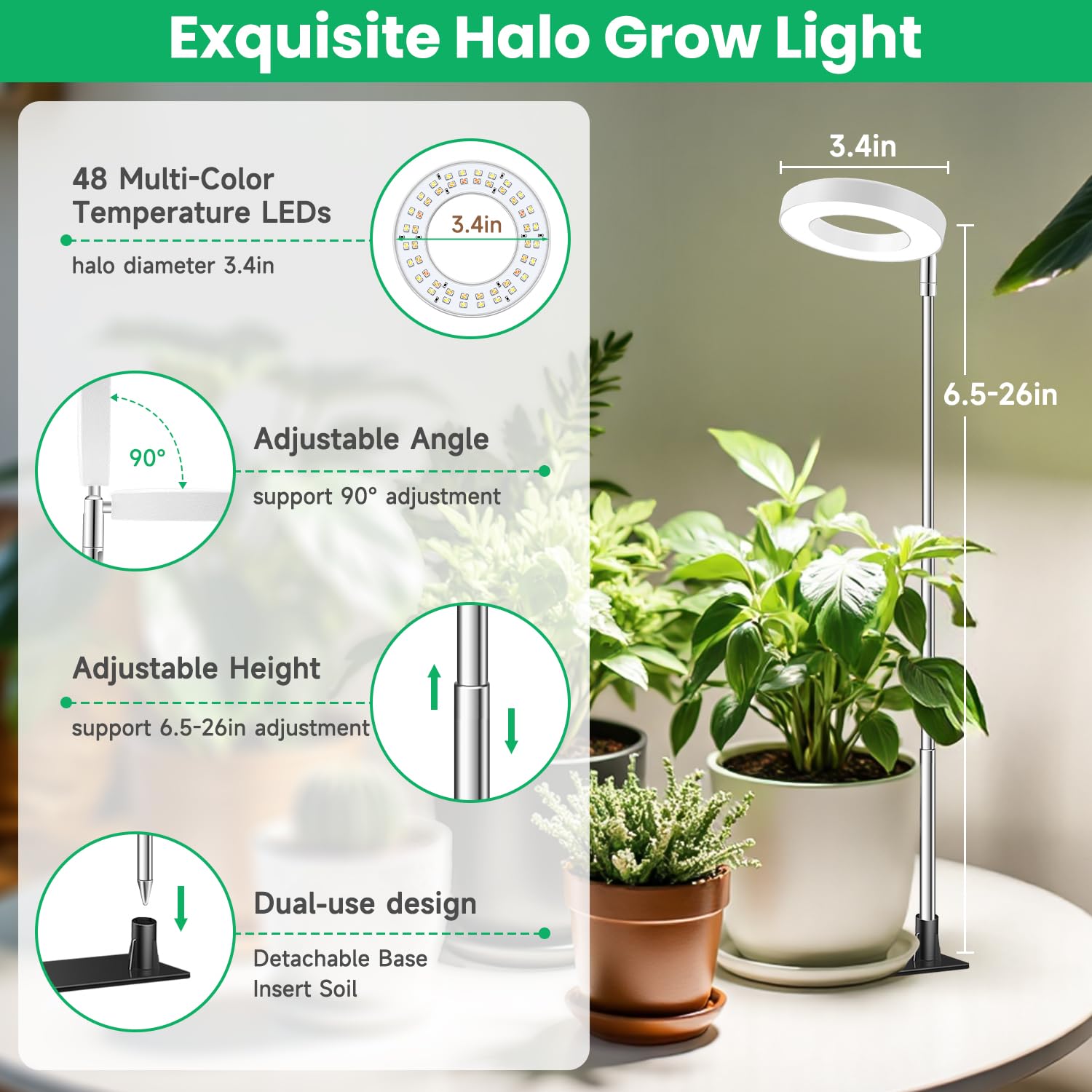 Aokrean Grow Light halo design blends into decor while boosting greenery.