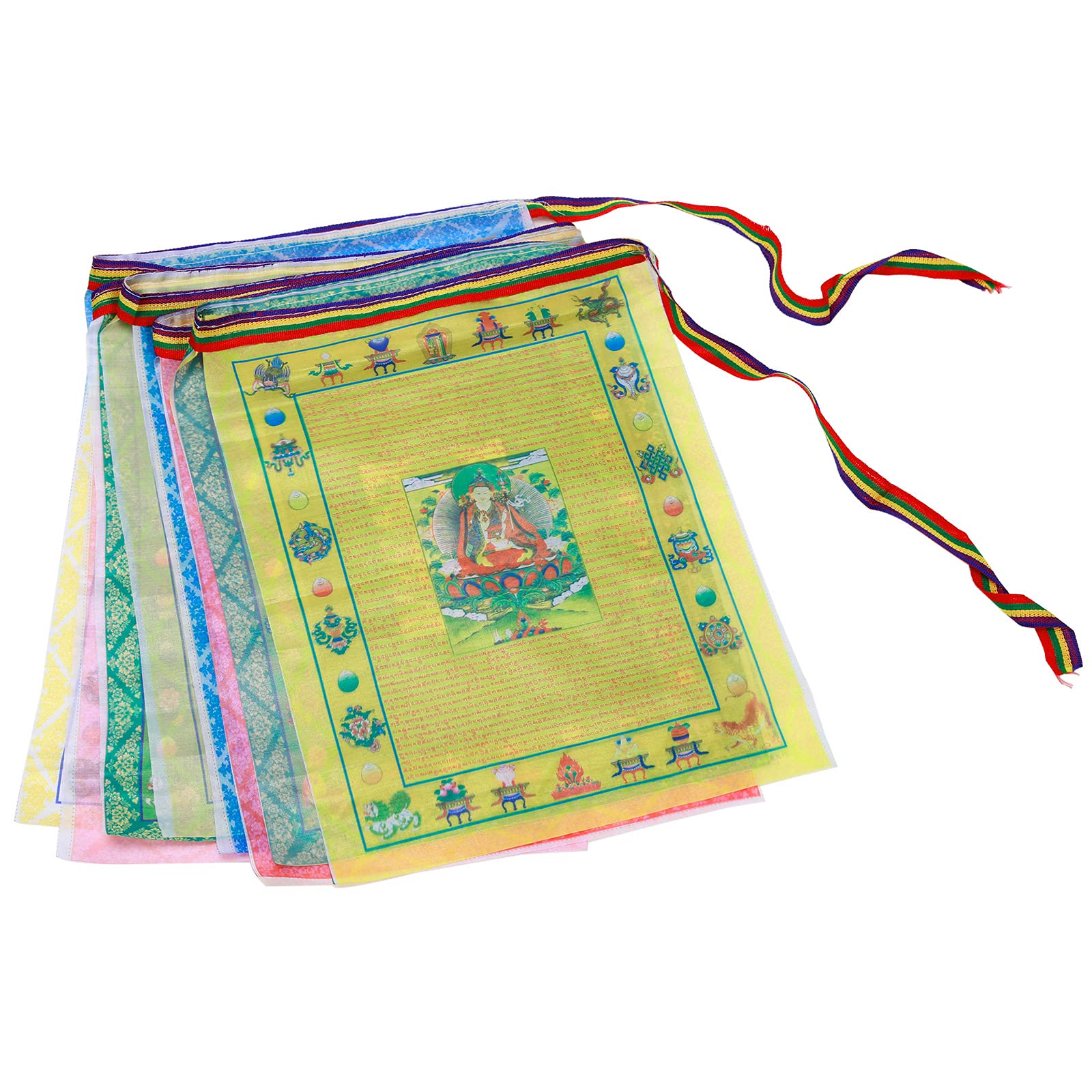 Aolamegs outdoor satin flags with Lungta motif add peaceful vibes to meditation spaces.