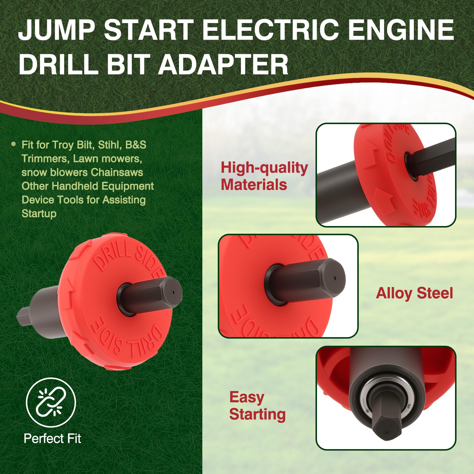 AOLKKSI adapter in use eliminates manual pull start on a string trimmer.