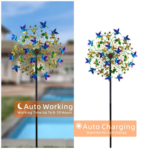 Solar LEDs cycle through six colors after dusk for ambient garden lighting.
