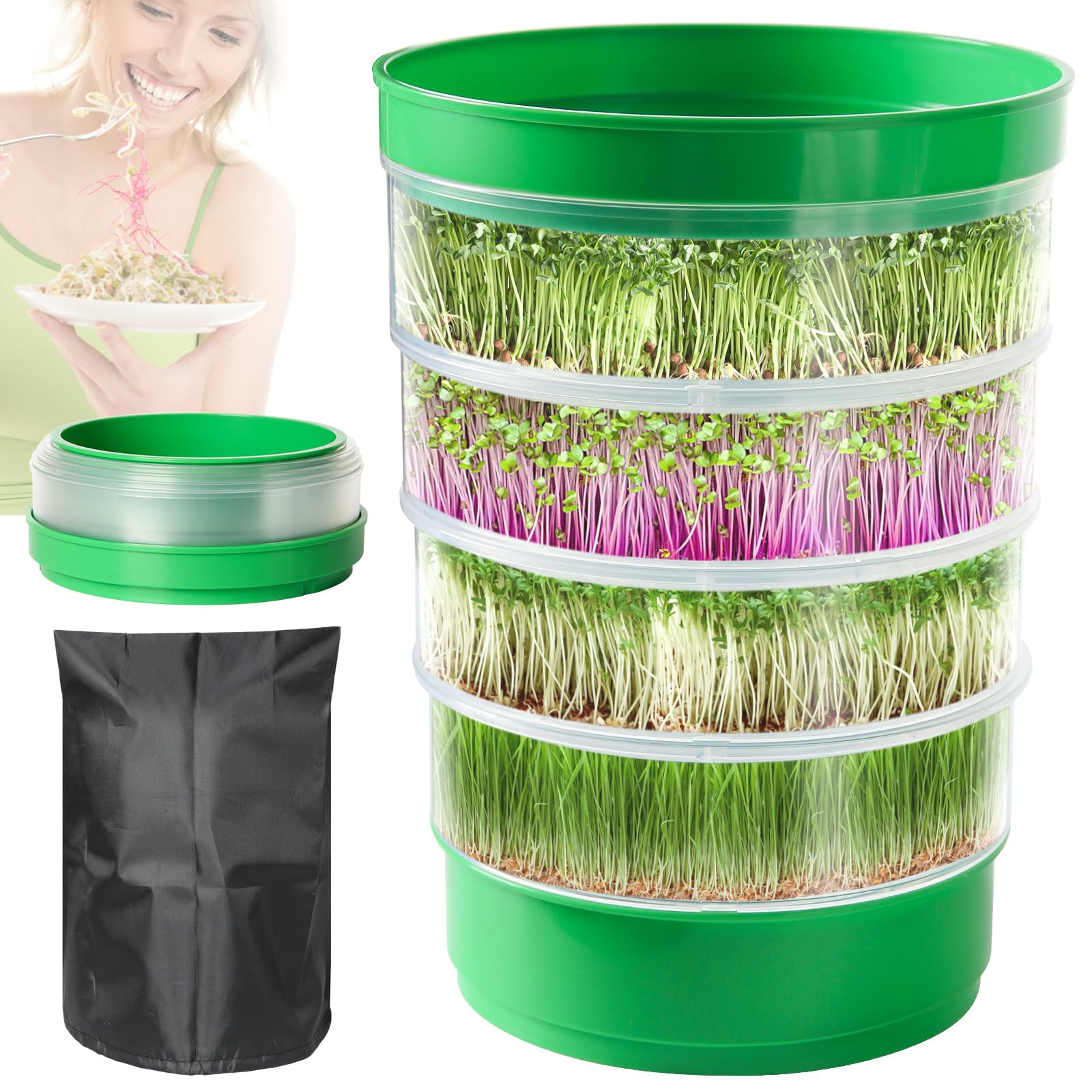 AOMGD 4-tier sprouts growing tray showing compact, soil-free indoor gardening for fresh greens