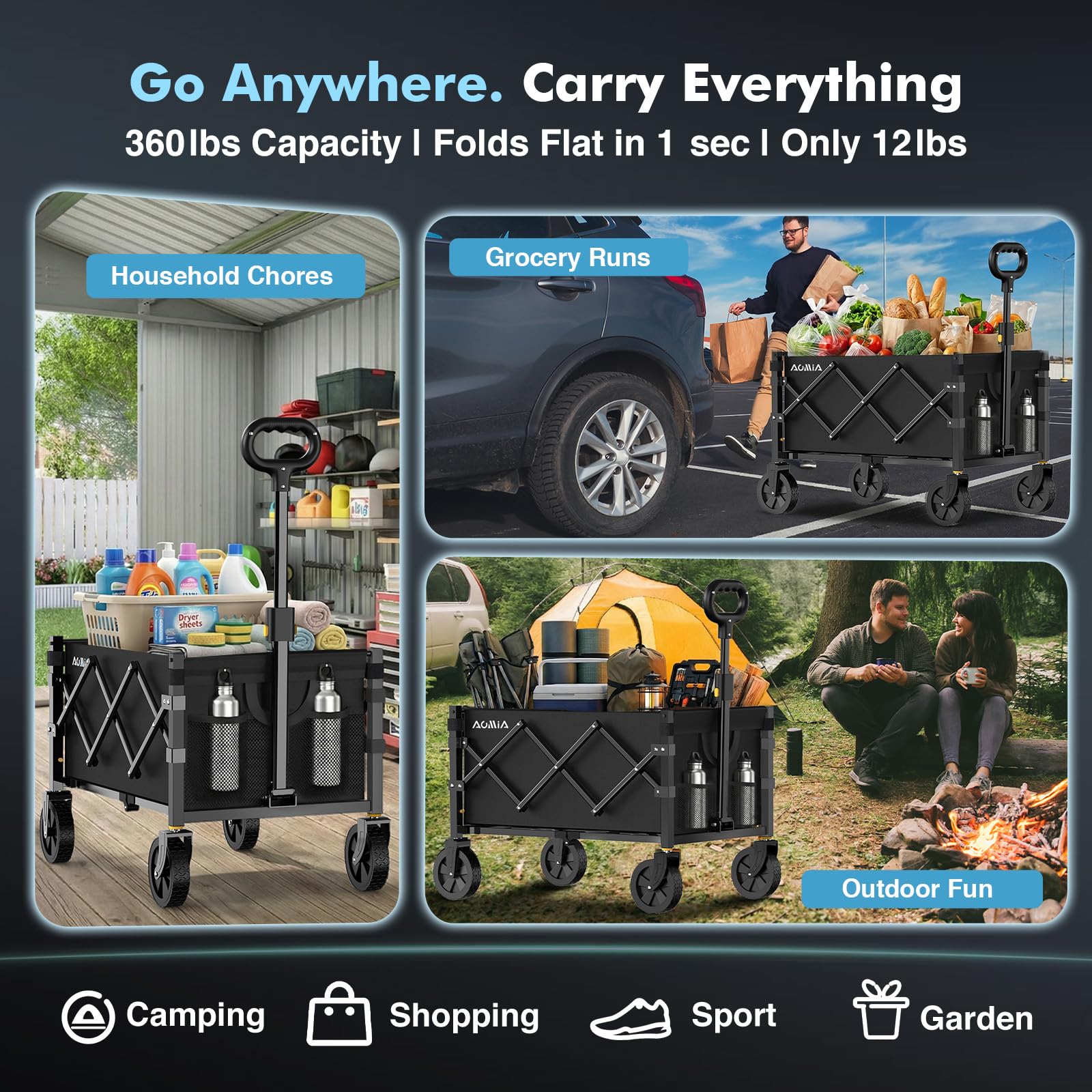 AOMIA collapsible wagon all-terrain wheels handle rugged surfaces.