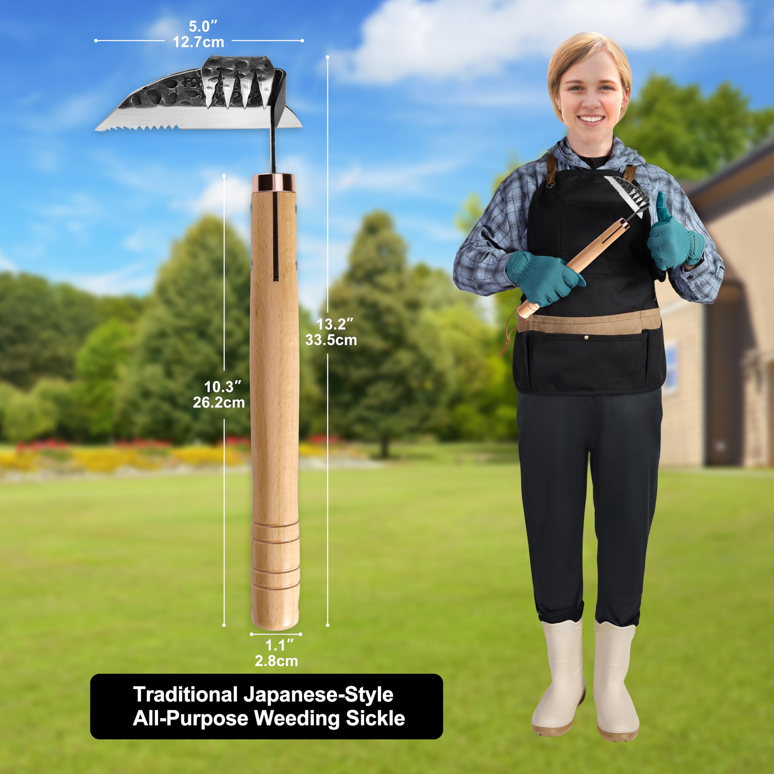 AON raised-bed gardening tool in use for weed removal.