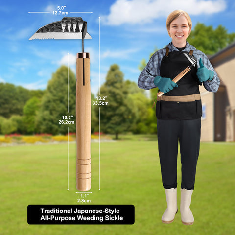AON raised-bed gardening tool in use for weed removal.